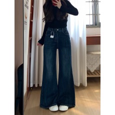 批发美式复古高腰微喇牛仔裤女秋2025新款时尚百搭宽松显瘦拖地阔腿裤