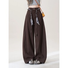 批发美式复古阔腿裤女2025秋季新款丝腰带百搭直筒休闲拖地<b class='q'>长裤</b>子潮