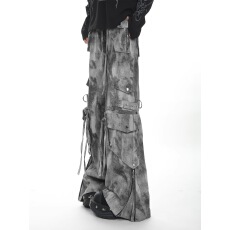 美式复古重工水洗做旧牛仔裤女秋季新款宽松显瘦阔腿长裤子