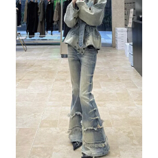 批发美式复古小众微喇牛仔裤女2025秋季<b class='q'>高腰</b>修身流苏毛边拖地喇叭裤子