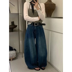 批发韩系简约复古<b class='q'>高腰</b>显瘦百搭宽松阔腿裤女秋季气质休闲直筒牛仔裤