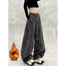 批发加绒加厚炫酷印花设计牛仔弯刀裤女冬<b class='q'>高腰</b>宽松显瘦百搭直筒香蕉裤