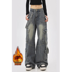 批发加绒加厚美式高街牛仔工装裤女做旧多口袋宽松阔腿显瘦直筒裤子