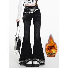 批发加绒加厚蝴蝶绑带微喇叭牛仔裤女秋冬美式复古修身显瘦直筒拖地裤