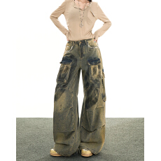 批发复古涂鸦工装阔腿牛仔裤女秋季宽松做旧拖地直筒裤子女