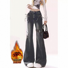 批发加绒加厚美式复古绑带蝴蝶结微喇<b class='q'>牛仔裤</b>秋冬辣妹高腰显瘦喇叭裤女