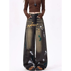 批发秋冬新款慵懒风涂鸦印花字母牛仔<b class='q'>长裤</b><b class='q'>女</b>休闲高腰显瘦直筒阔腿裤子