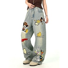批发做旧卡通动漫牛仔裤<b class='q'>女</b>2025秋季新款宽松bf韩系街头拖地<b class='q'>长裤</b>