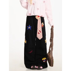 批发趣味卡通毛巾绣直筒裤<b class='q'>女</b>潮牌褶皱小众阔腿裤美式<b class='q'>工装</b>长裤