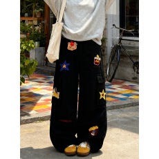 批发美式多口袋植绒图案工装<b class='q'>牛仔裤</b><b class='q'>女</b>秋季新款宽松阔腿长裤bf