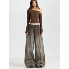 批发美式复古废土风阔腿牛仔裤女2025<b class='q'>秋</b>季新款做旧扎染水洗长裤子女<b class='q'>秋</b>