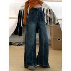 批发美式复古高腰阔腿牛仔裤女2025<b class='q'>秋</b>季新款显瘦宽松垂感直筒裤子