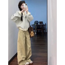 批发韩系休闲运动服套装女<b class='q'>秋</b>冬条纹拉链连帽外套阔腿弯刀裤减龄两件套