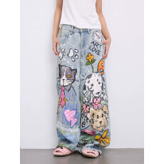批发美式复古趣味猫狗手绘涂鸦牛仔裤女秋季新款高腰宽松直筒阔腿裤子