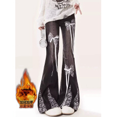 批发加绒加厚蕾丝蝴蝶结微喇牛仔裤女冬季新款美式复古高腰显瘦长裤