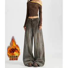 批发加绒加厚牛仔裤女美式复古做旧废土风水洗做旧宽松潮流阔腿裤