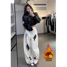 批发加绒加厚重工十字架刺绣高腰直筒牛仔裤女冬设计感宽松拖地阔腿裤
