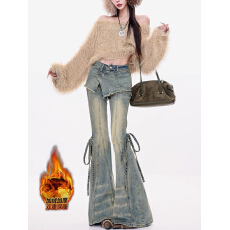 批发加绒加厚假两件屁帘微喇牛仔裤裤子女冬新款辣妹修身喇叭裤拖地裤