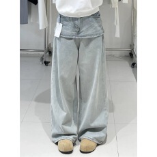 批发<b class='q'>韩版</b>复古假两件拼接设计阔腿牛仔<b class='q'>裤</b>女2025秋季新款高腰宽松直筒<b class='q'>裤</b>