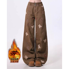 批发加绒加厚小熊刺绣牛仔<b class='q'>裤</b>女秋冬款<b class='q'>韩版</b>美式复古长<b class='q'>裤</b>阔腿<b class='q'>裤</b>子潮