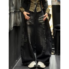 批发秋冬新款宽松十字垂感香蕉长裤子女美式弯刀阔腿<b class='q'>牛仔裤</b>女