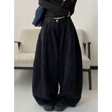 主推重磅秋冬版本高腰设计感黑色阔腿水洗工艺时髦美式气球牛仔裤