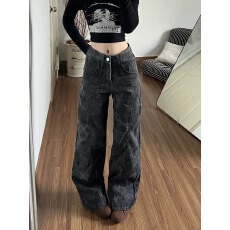美式复古印花黑灰色牛仔裤女2025冬季新款辣妹高腰直筒阔腿长裤子