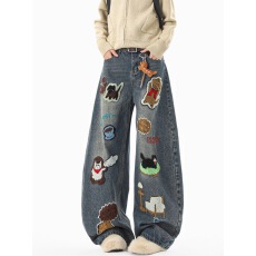 美式复古卡通毛巾刺绣设计水洗弯刀牛仔裤女秋季休闲宽松阔腿裤子