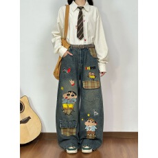 批发童趣卡通刺绣水洗做旧<b class='q'>牛仔</b>裤女小众宽松直筒阔脚长裤