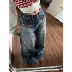 批发美式复古刺绣牛仔裤裤子款女款2026<b class='q'>春</b>季新款水洗宽松阔腿裤直筒裤