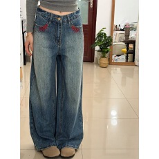 批发美式复古刺绣牛仔裤女2025冬季新款设计感街头宽松休闲阔腿长裤子