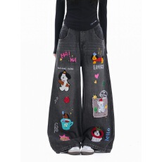 批发<b class='q'>秋</b>冬美式卡通贴布牛仔长裤男女同款刺绣印花阔腿直筒裤长裤