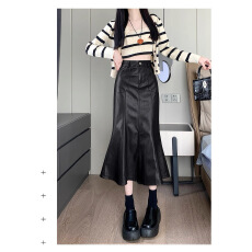 批发复古黑色半身皮裙女秋新款高腰显瘦A字裙垂坠感包臀鱼尾中长裙子