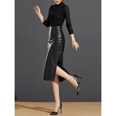 批发秋冬皮裙女半身裙新款复古盘扣开叉长裙黑色<b class='q'>中长款</b>休闲高腰包臀裙