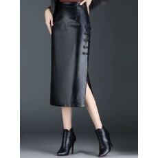 批发黑色皮裙半身裙女秋冬2025新款高腰<b class='q'>包臀裙</b>中长显瘦开叉PU皮直筒裙
