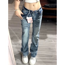 批发美式高街毛须低腰微喇牛仔裤女2026<b class='q'>春</b>季新款设计感弹力窄版直筒裤