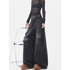 批发今年流行格纹破洞阔腿牛仔裤女2026<b class='q'>春</b>季复古黑色高腰宽松直筒裤