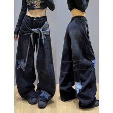 批发黑色星星贴布绑带牛仔裤女2026<b class='q'>春</b>季新款宽松显瘦美式阔腿裤拖地裤