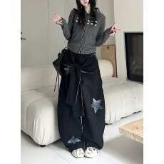 批发美式复古水洗做旧星星贴布<b class='q'>牛仔裤</b><b class='q'>男</b>女风春秋宽松阔腿拖地长裤潮牌