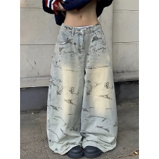 批发美式复古水洗做旧废土风阔腿牛仔裤女<b class='q'>春</b>季新款宽松显瘦直筒拖地裤