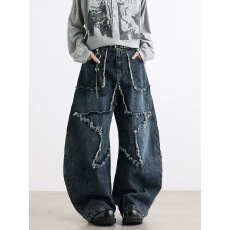 批发星星毛边弯刀<b class='q'>牛仔裤</b><b class='q'>男</b>女春秋高街潮牌设计感阔腿裤子美式廓形长裤