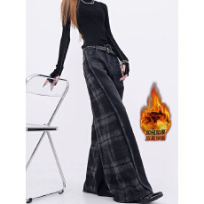 批发加绒加厚美式复古格纹撞色拼接牛仔裤女宽松显瘦垂感休闲阔腿裤