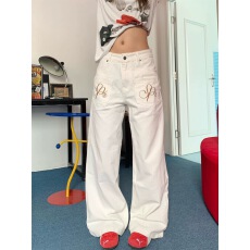 批发美式复古反穿刺绣字母<b class='q'>白色</b><b class='q'>牛仔裤</b>宽松百搭直筒阔腿休闲长裤