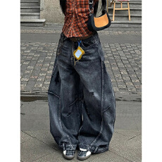 批发春秋美式复古做旧廓形破洞<b class='q'>牛仔裤</b><b class='q'>男</b>女街头解构宽松阔腿弯刀长裤潮