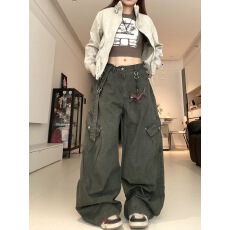 批发口袋军绿色美式复古工装裤女26春秋韩版宽松阔腿弯刀裤子<b class='q'>男</b>设计感