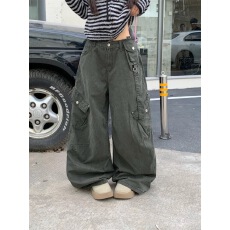 批发美式军绿色复古工装裤裤子女款2025冬季新款多口袋休闲百搭阔腿裤