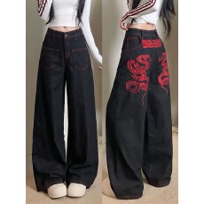 批发美式高街重工赤蛇刺绣弯刀工装牛仔裤女小众宽松百搭阔腿直筒裤子