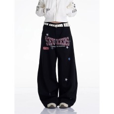 批发美式复古辣妹印花弯刀休闲牛仔裤女新款宽松显瘦百搭阔腿长裤子