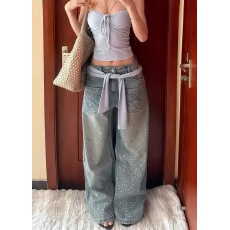批发美式复古<b class='q'>烫钻</b>石<b class='q'>牛仔裤</b>女春季小众满天星街头辣妹宽松阔腿长裤子