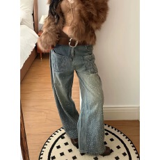 批发高个子口袋刺绣小众<b class='q'>镶钻</b>加厚高腰<b class='q'>牛仔裤</b>女2026春秋新款辣妹直筒裤